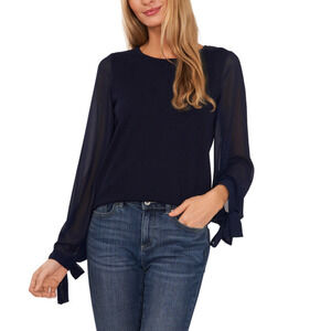 CeCe Women's Cotton Chiffon-Sleeve Mixed-Media Sweater Navy SIZE: M NWT